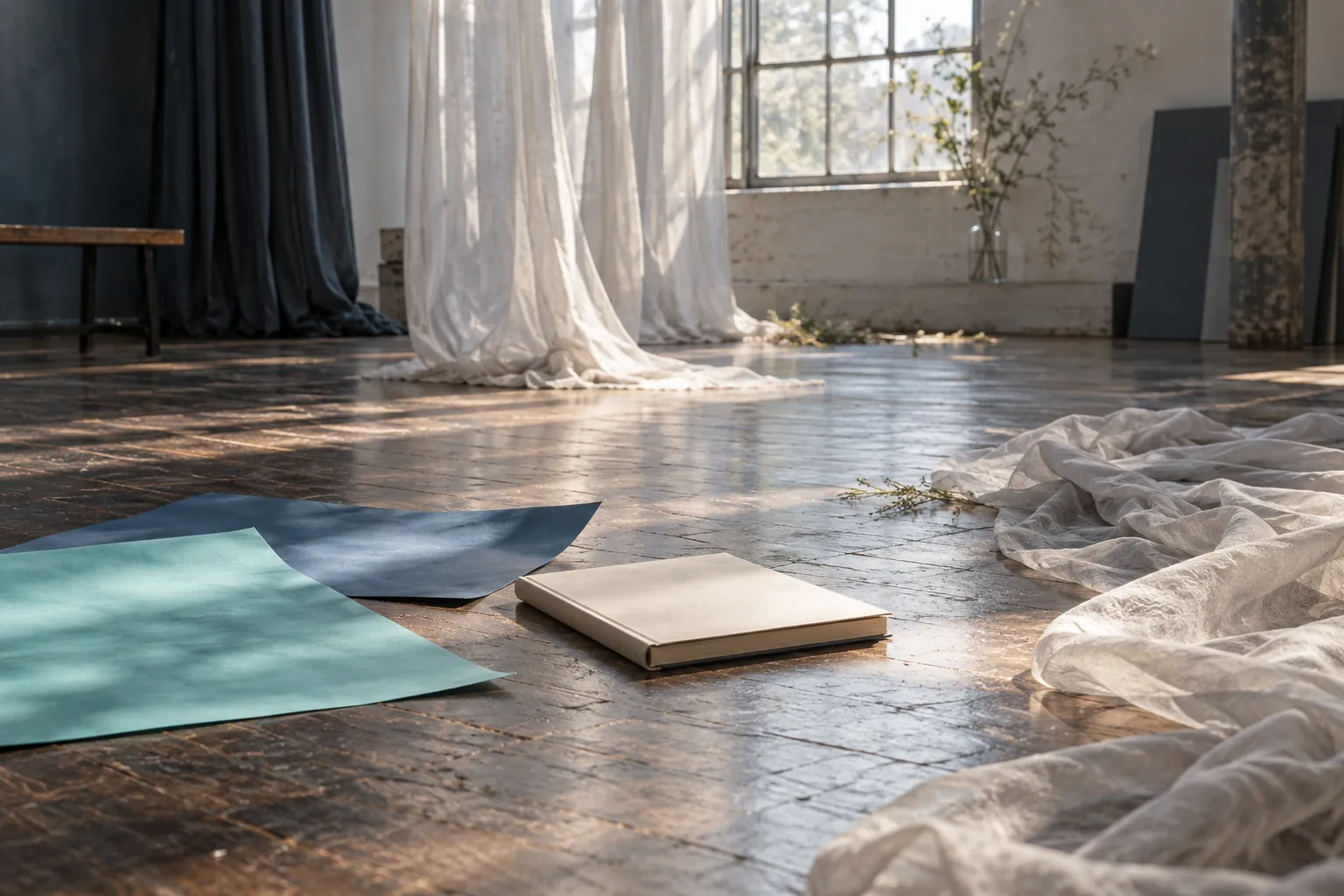 A quiet studio with fabric and coloured paper