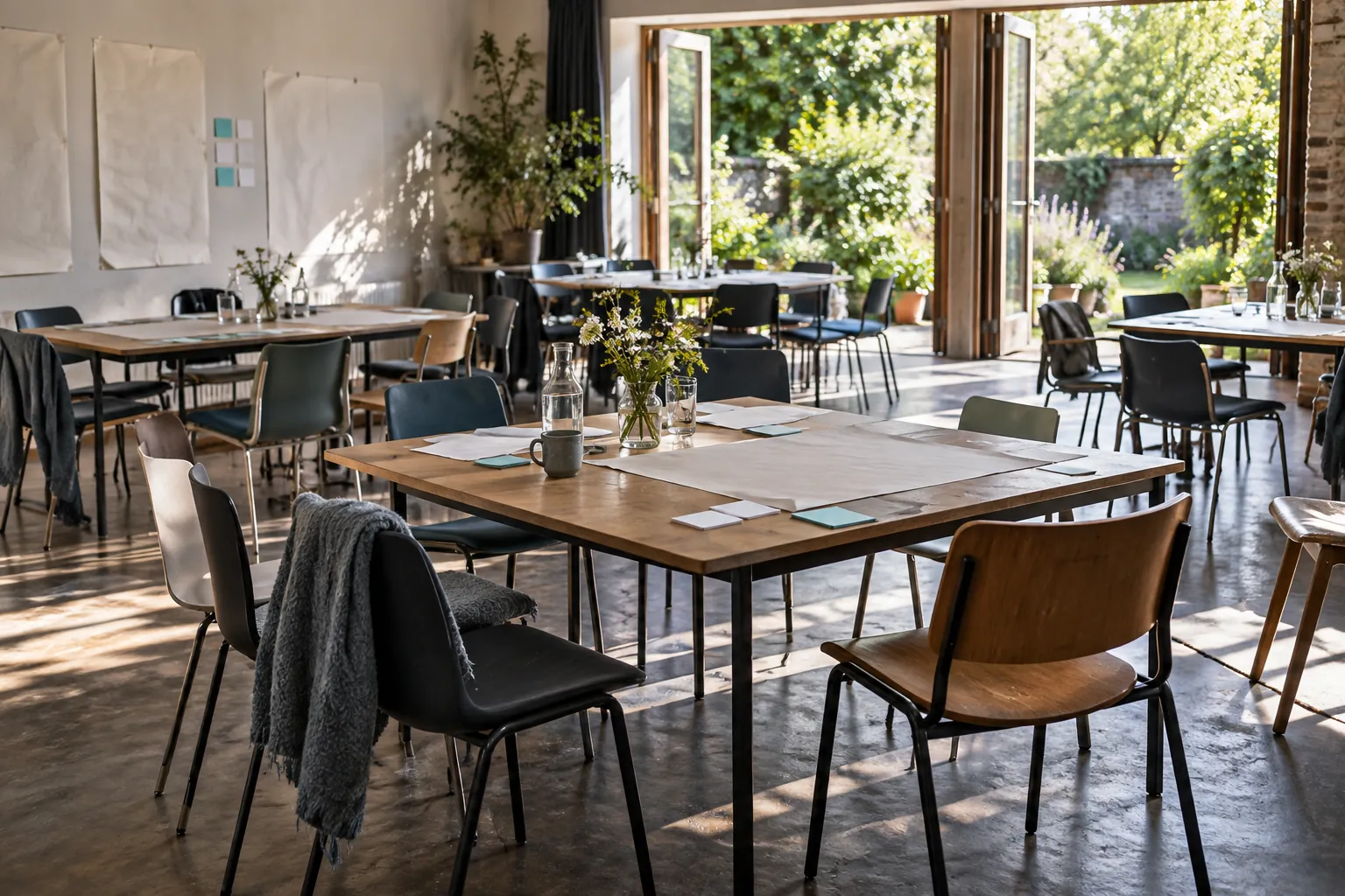 Tables opening towards a garden