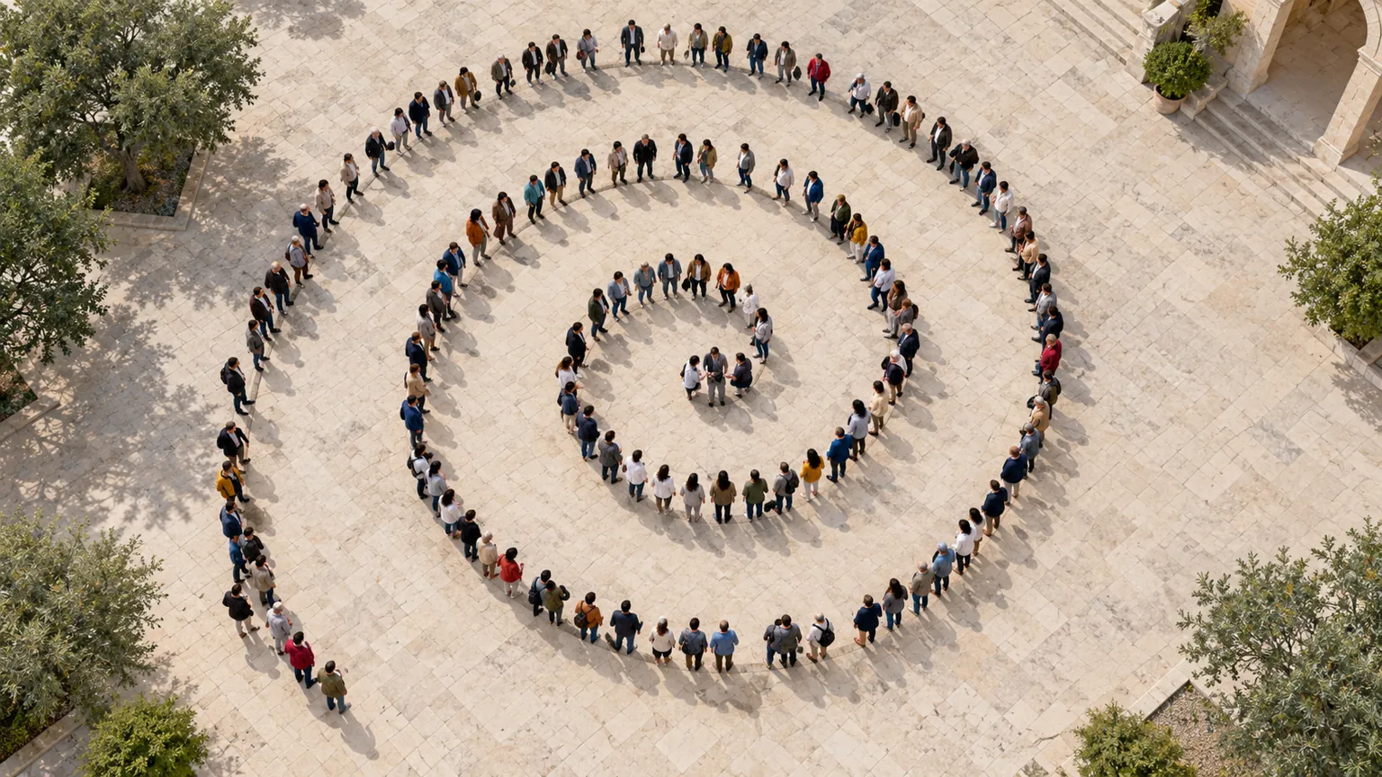 An open spiral of people seen from above