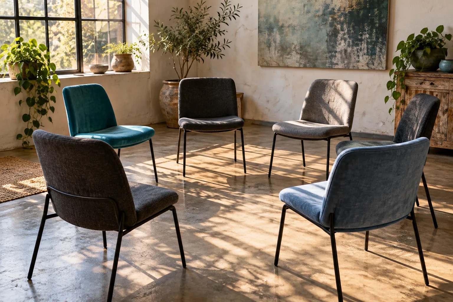 Empty chairs in a reflective circle