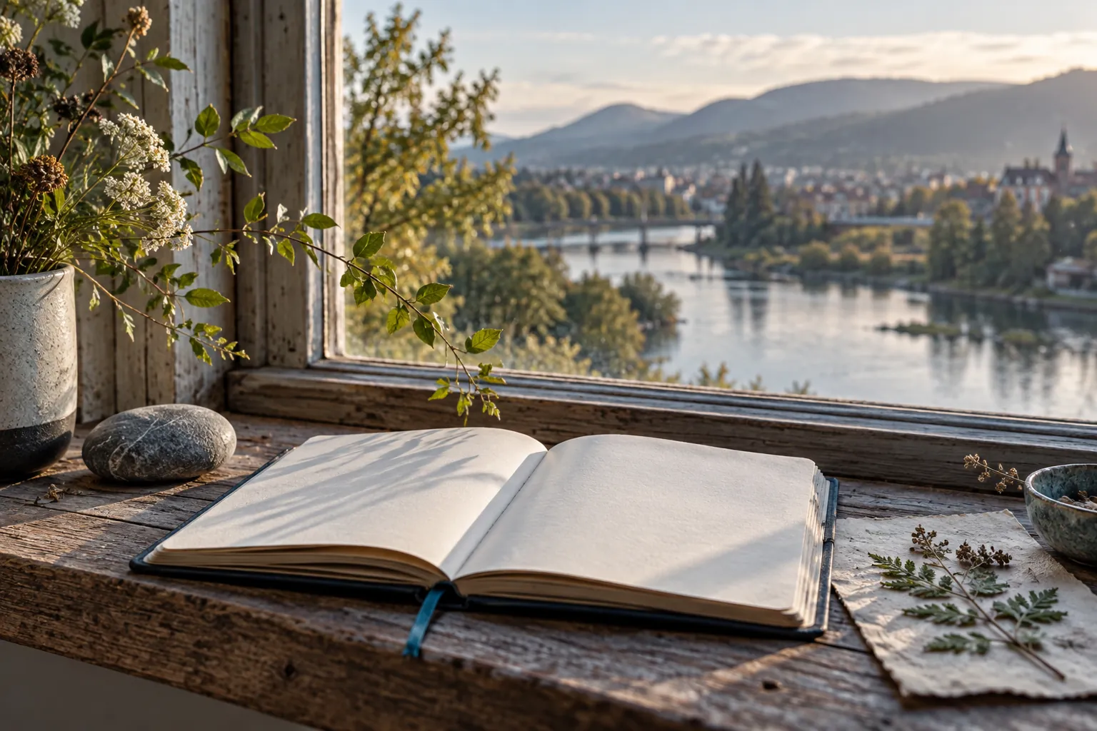 A blank field notebook beside a landscape