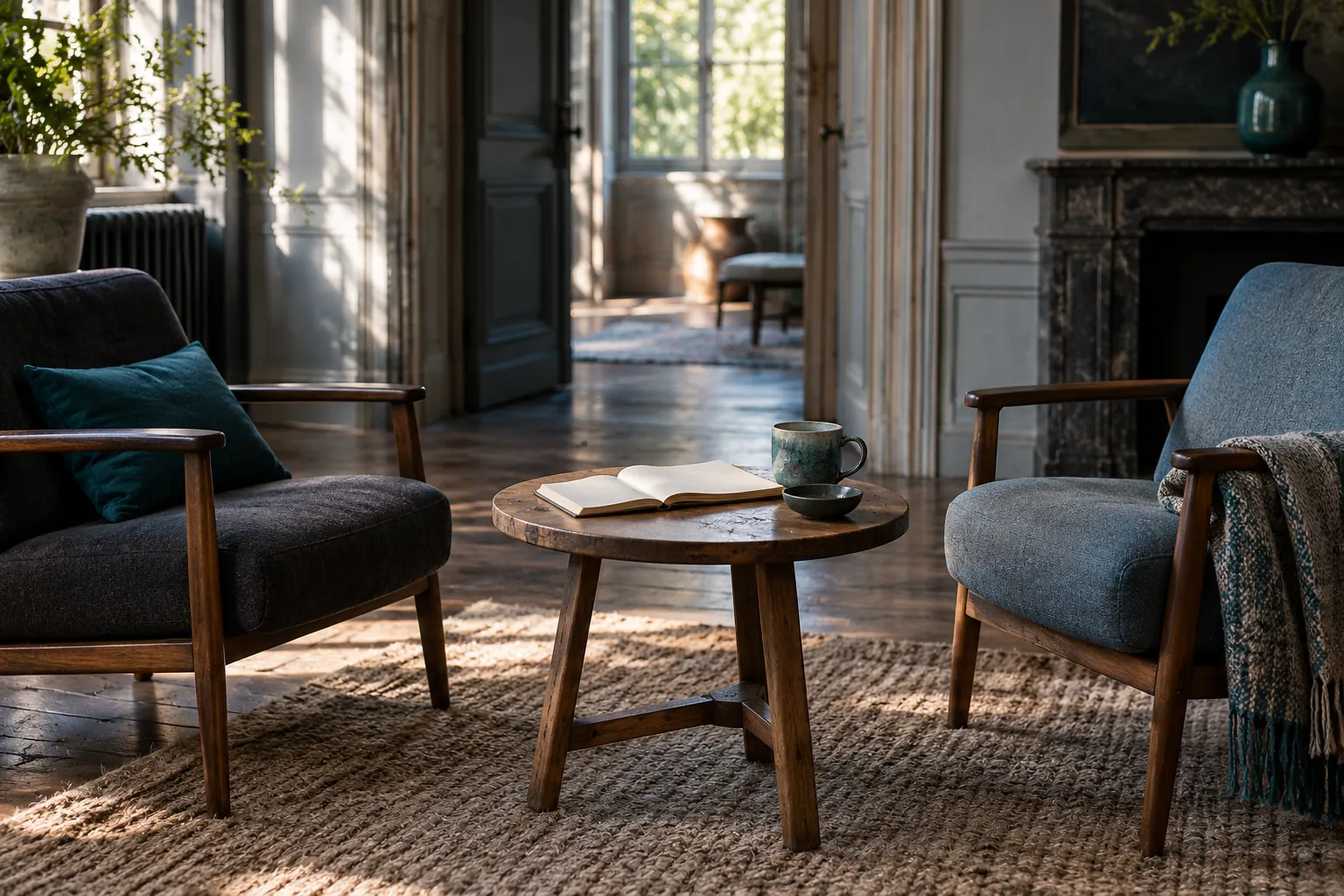 Two chairs with space for a conversation