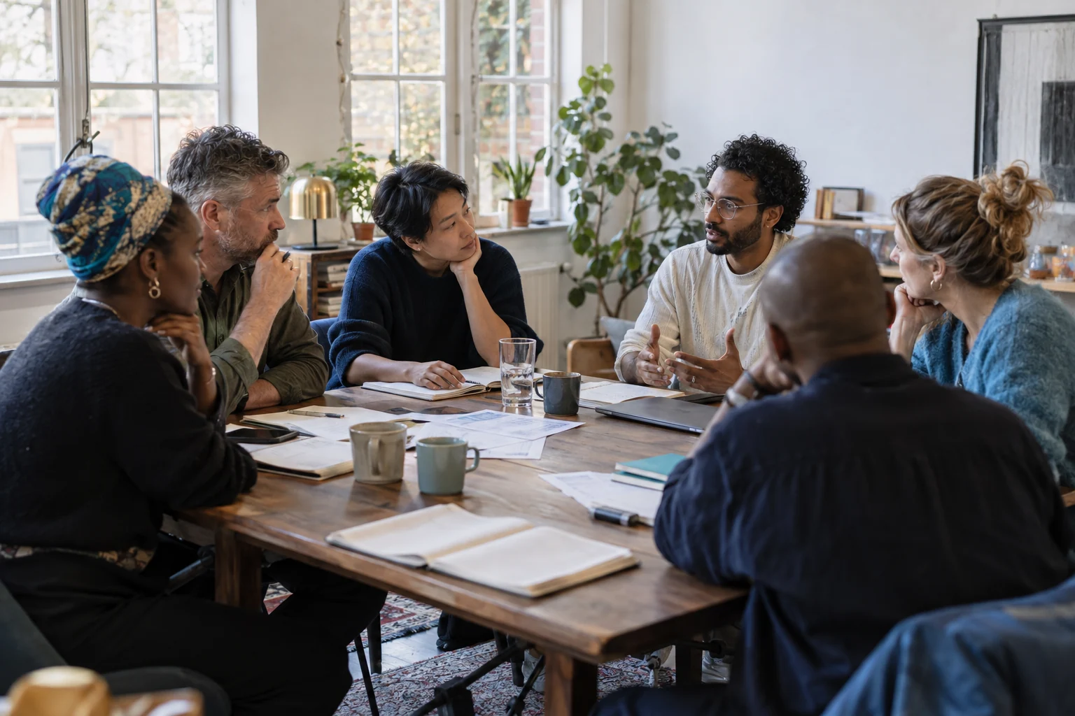 Illustrative scene of colleagues thinking together around a table in an organisation